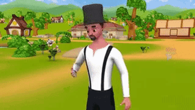 a cartoon character is wearing a top hat and suspenders .