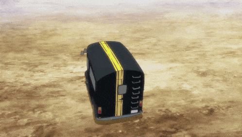 a black van with a yellow stripe on the side is parked in the dirt