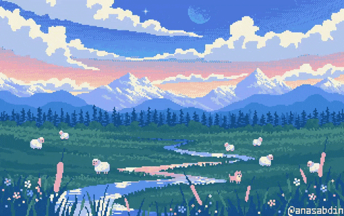a pixel art of a landscape with sheep and a river