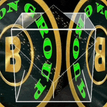 two gold circles with green letters that say ' b group ' on them