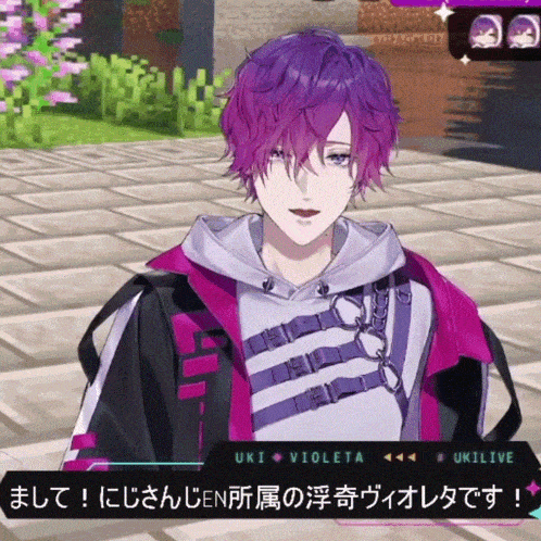 a video game character with purple hair is talking to someone