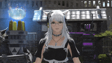 a woman with white hair wearing glasses and a necklace