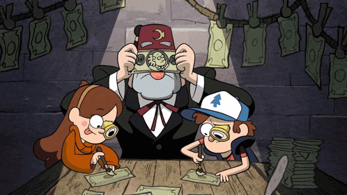 a cartoon of a man taking a picture with a camera and two children looking through magnifying glasses