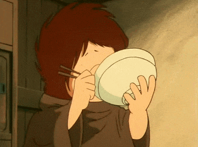 a cartoon character is eating something from a bowl with chopsticks