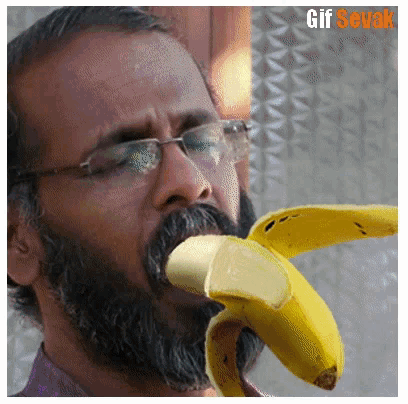 a man with glasses and a beard is eating a banana with the words gif sevak below him