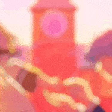 a clock tower with a pink face is surrounded by a pink background