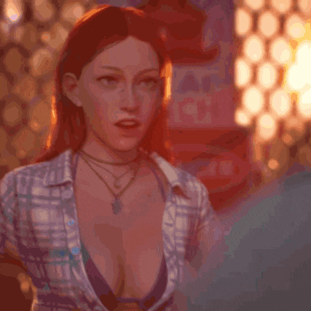a woman with red hair is wearing a plaid shirt and a necklace