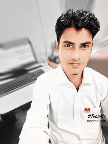 a young man in a white shirt is taking a selfie with #toonme.com written on the bottom