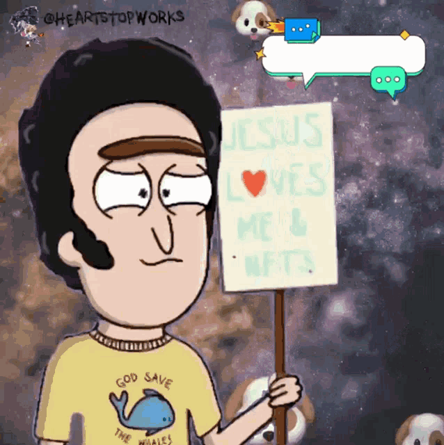 a cartoon of a man holding a sign that says jesus loves me & nfts