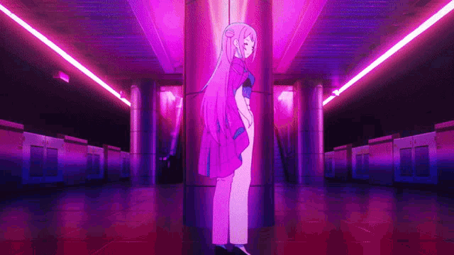 a girl with long pink hair is standing in a purple room .