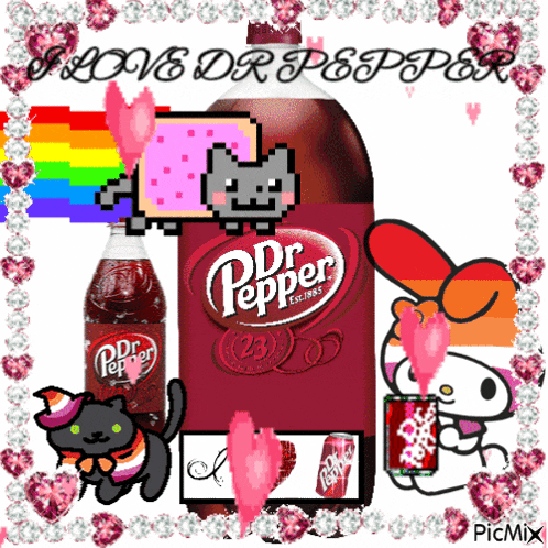 a bottle of dr pepper is surrounded by a cat and a can