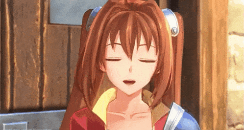 a cartoon girl with her eyes closed is wearing a red and yellow jacket