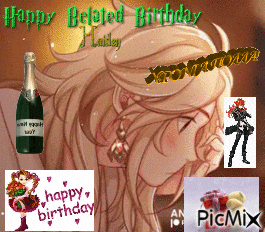 a picture of a woman with a bottle of champagne and the words happy belated birthday