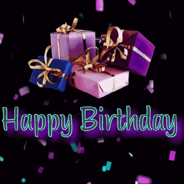 a happy birthday card with a bunch of presents and confetti