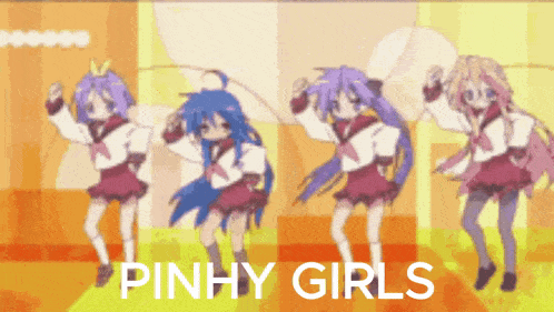 a group of anime girls are dancing with the words pinhy girls behind them