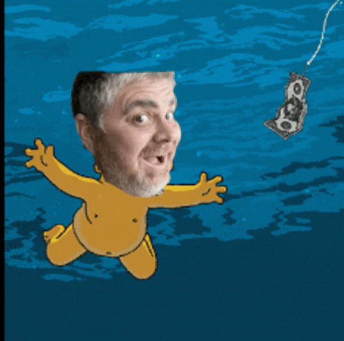 a cartoon man is swimming in the water and a dollar bill is hanging from a hook