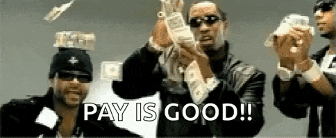 a group of men are holding a bunch of money in their hands and saying `` pay is good ! ''