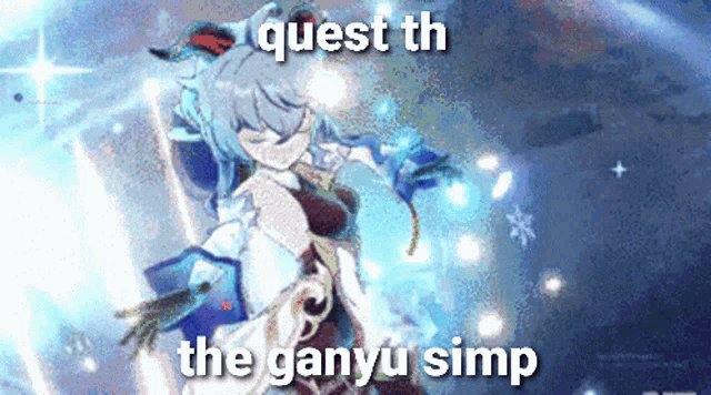 a pixel art of a girl with the words quest th the ganyu simp