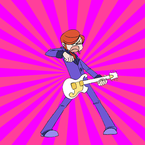 a cartoon character in a blue suit is playing a guitar