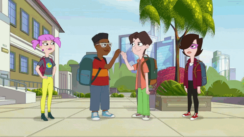 a group of cartoon characters are standing on a sidewalk in front of a building with the number 1023 on the side