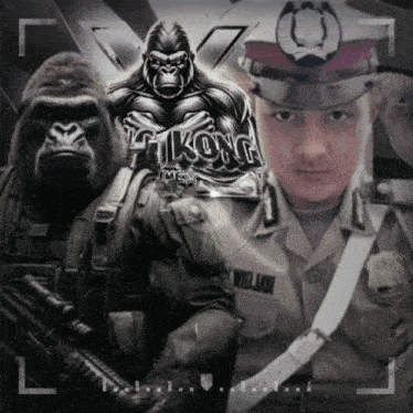 a man in a military uniform is standing next to a gorilla