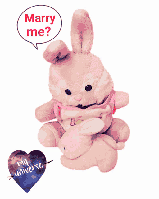a pink stuffed bunny with a speech bubble that says marry me