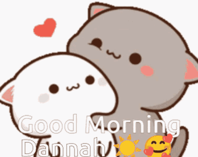 a cartoon of two cats hugging each other with the words good morning dannah written below them