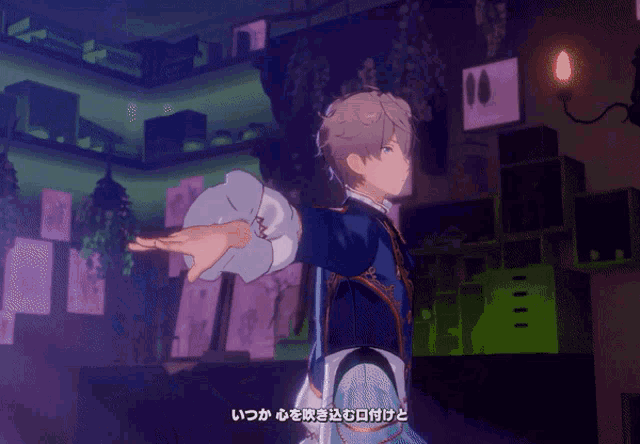 a man in a blue jacket is standing in a room with chinese writing on the bottom of the screen