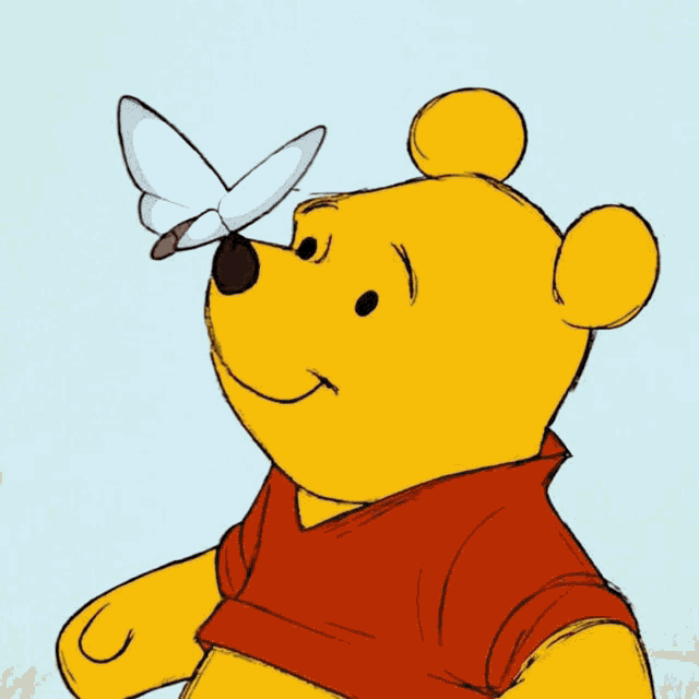 a drawing of winnie the pooh with a butterfly on his forehead