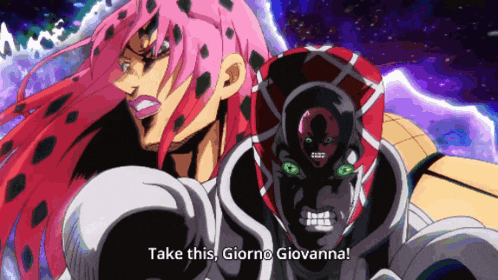 a cartoon character with pink hair says " take this "