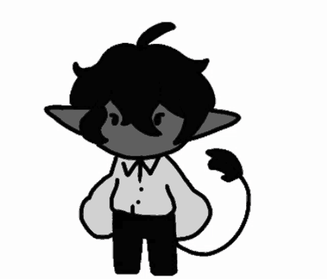 a black and white drawing of a person with a tail and a heart on their head .
