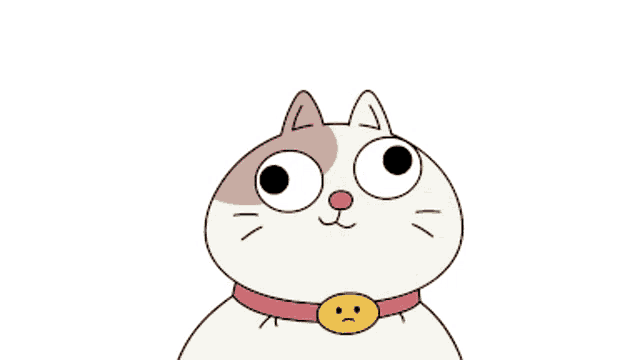 a cartoon cat with a yellow smiley face around its neck