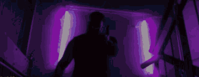 a painting of a statue with a purple background and the number 7