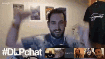 a man is having a video call with a group of people and the words #dlpchat are on the screen