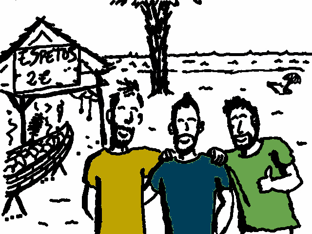 three men are posing for a picture in front of a sign that says espetos for 2 euros
