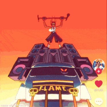 a cartoon drawing of a man standing on top of a car that says flame