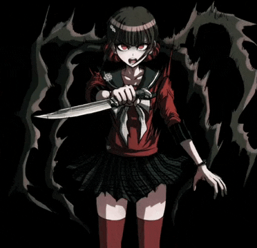 a girl in a school uniform is holding a knife in her hand