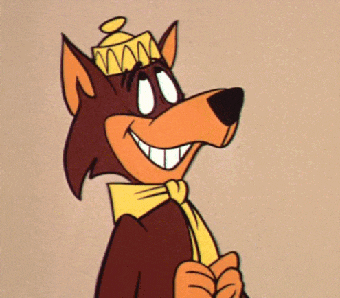 a cartoon wolf wearing a crown and a bow tie