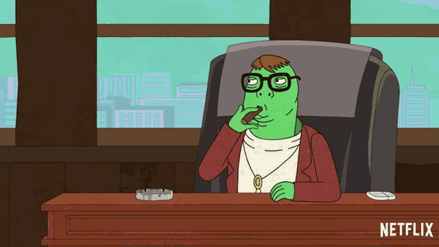 a cartoon of a man sitting at a desk with a netflix logo behind him