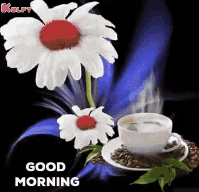 a cup of coffee and a flower with the words good morning