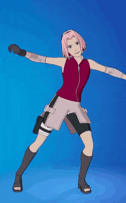 a cartoon character with pink hair is standing on one leg with her hand up .