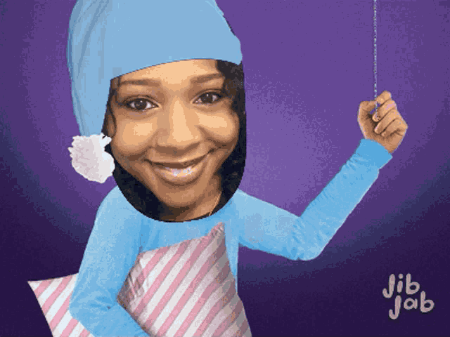 a cartoon of a woman wearing a blue hat and holding a pillow