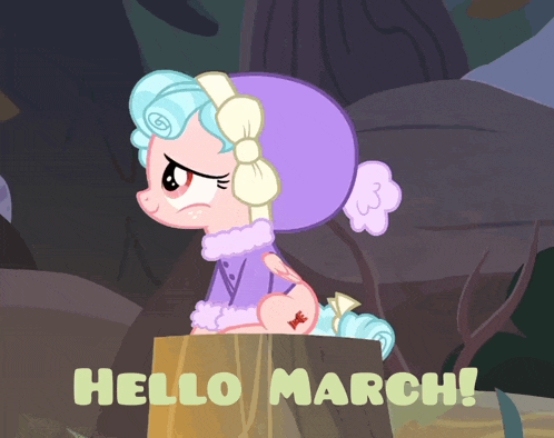 a cartoon pony sitting on a tree stump with the words hello march written below it