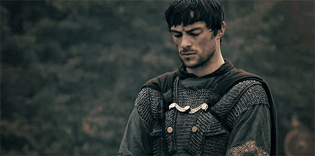 a man wearing chain mail is standing in a forest