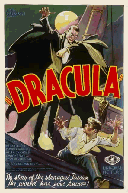 a poster for the movie dracula shows a vampire and a man