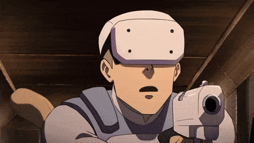 a cartoon character wearing a virtual reality headset holding a gun