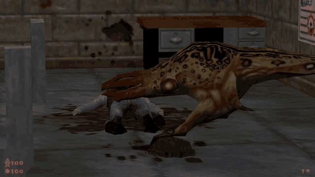 a screenshot of a video game shows a monster eating a person and the numbers 100 and 19 are visible