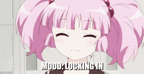 a girl with pink hair and blue eyes is making a funny face and says " mood locking in "