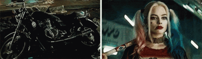 a picture of a motorcycle next to a picture of harley quinn from suicide squad