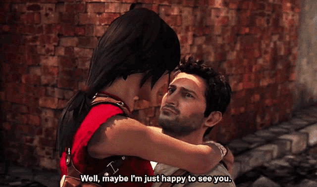 a man and woman are hugging and the woman says well maybe i 'm just happy to see you ..